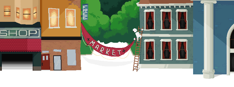 A small pale figure hangs a banner labelled 'market', rendered in pixel art.